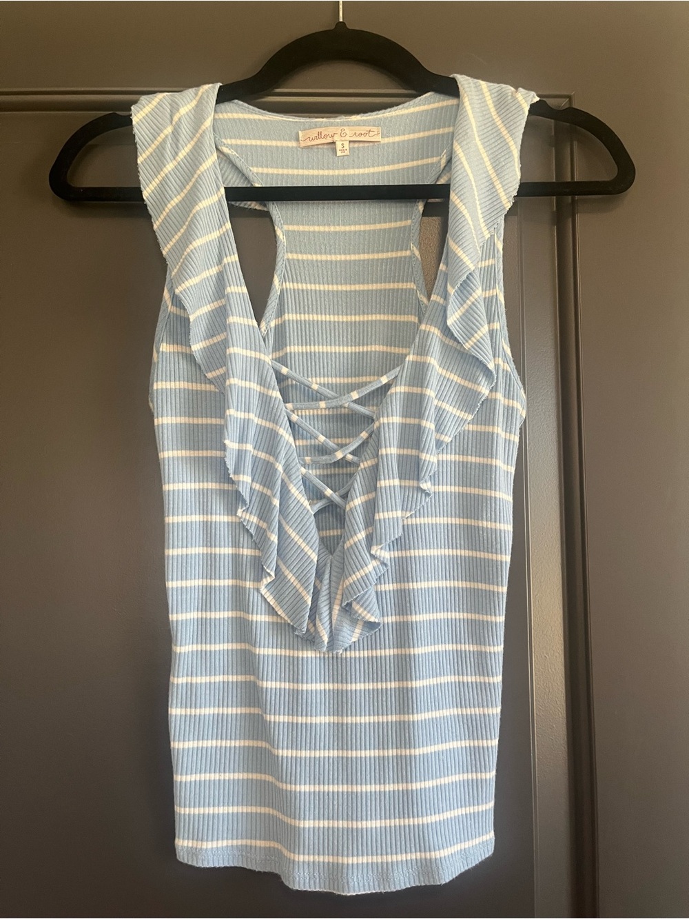 Willow & Root Blue Stripe Ribbed Ruffle Lace-Up Tank Top Size Small Like New